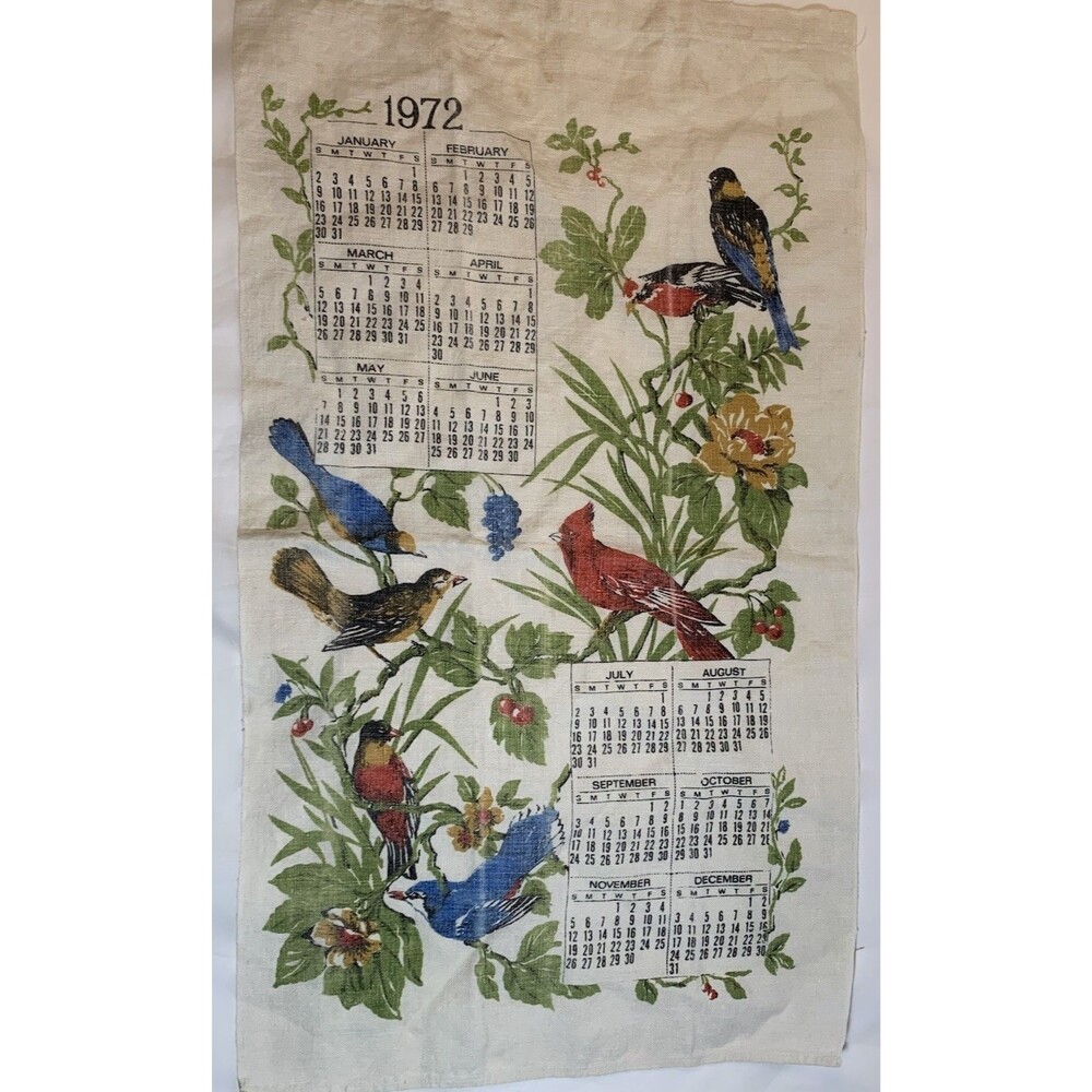 Vintage 1972 Calendar Tea Towel Birds Cardinals Blue Jays Linen Kitchen Towel